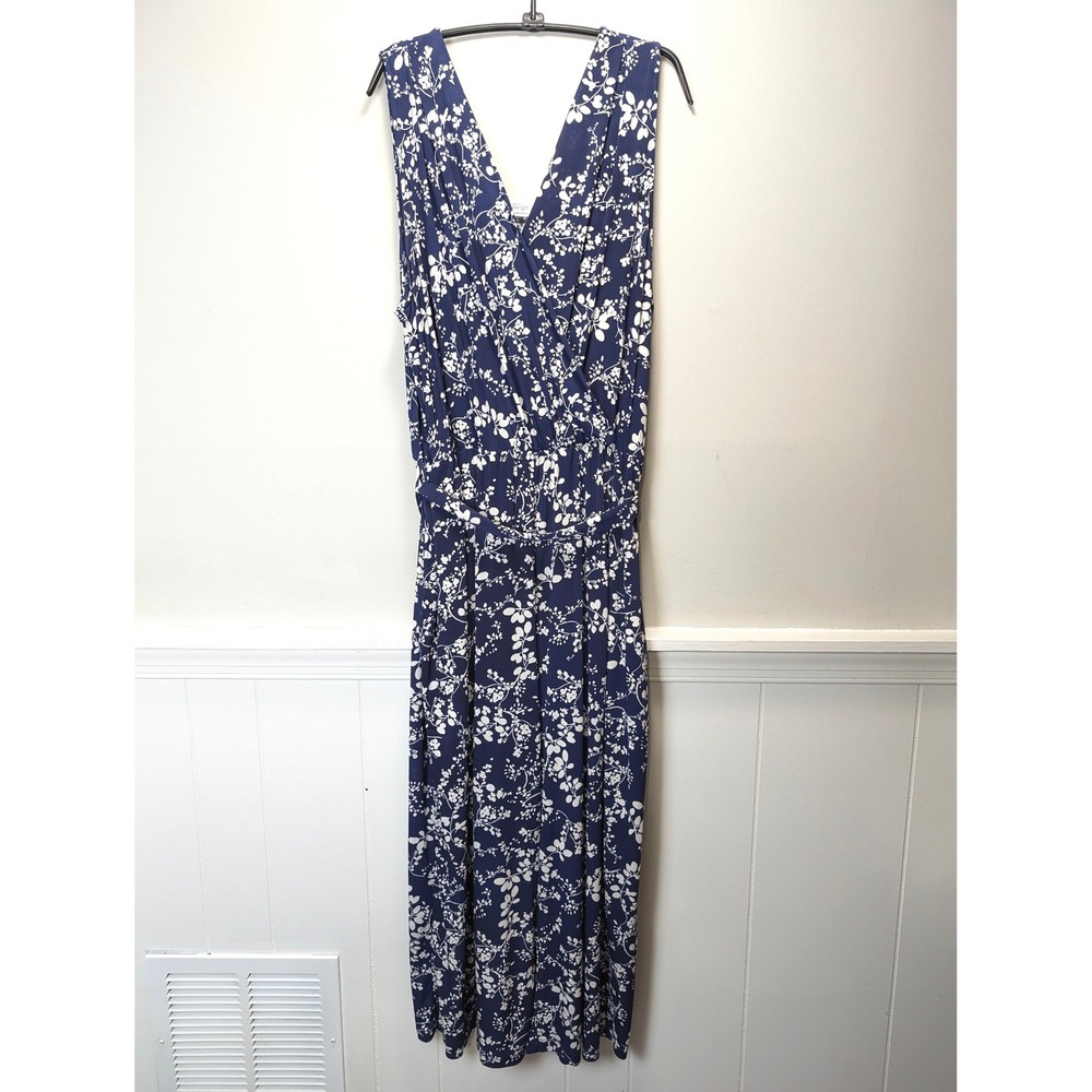 Kaileigh Navy Blue White Floral Wide Leg Jumpsuit Surplice V-Neck 2X Womens